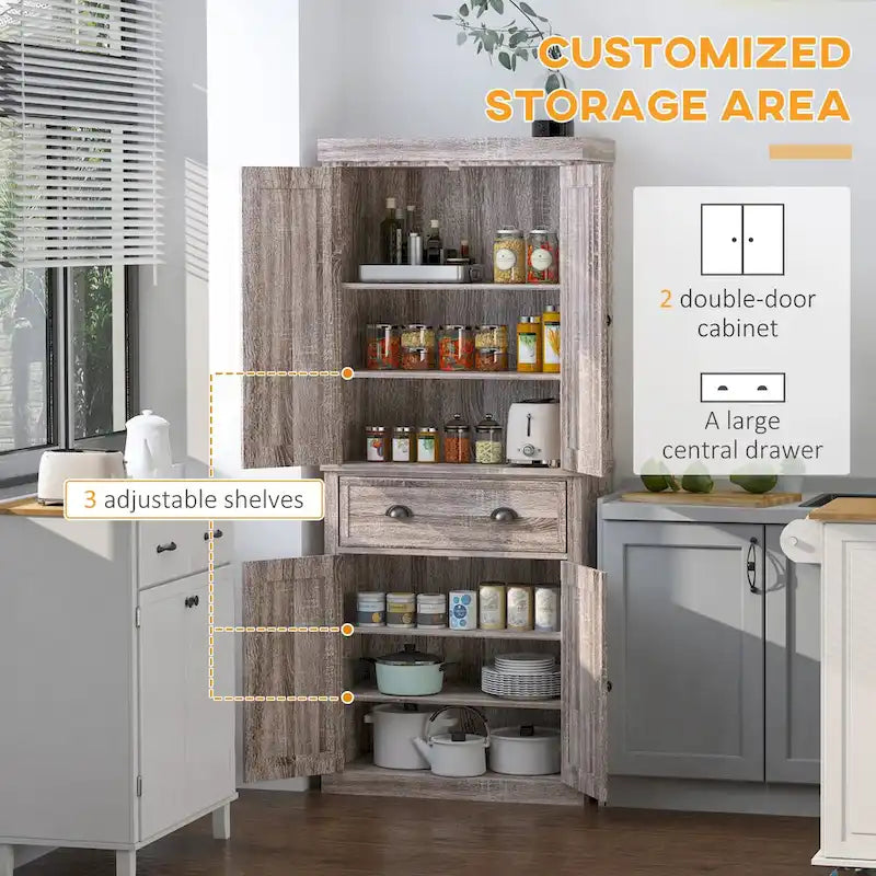 72" Freestanding Kitchen Pantry Cabinet with Adjustable Shelves & Drawers