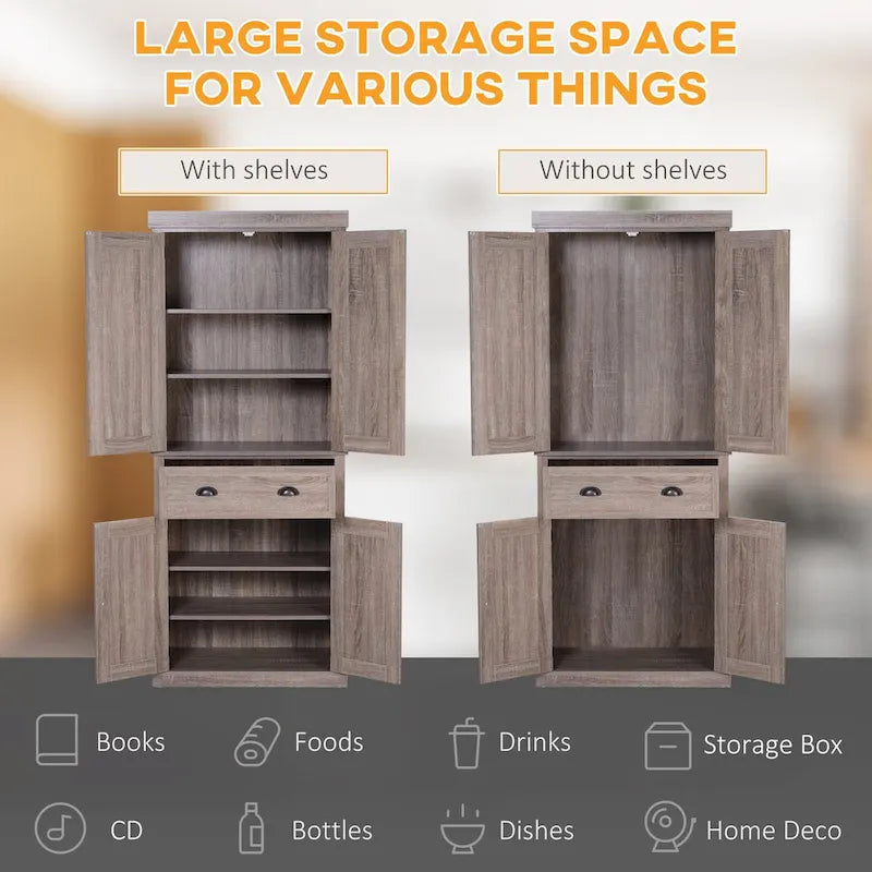 72" Freestanding Kitchen Pantry Cabinet with Adjustable Shelves & Drawers