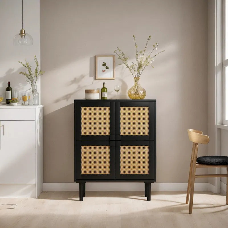 4-Door Rattan Mesh Storage Cabinet with Eight Shelves