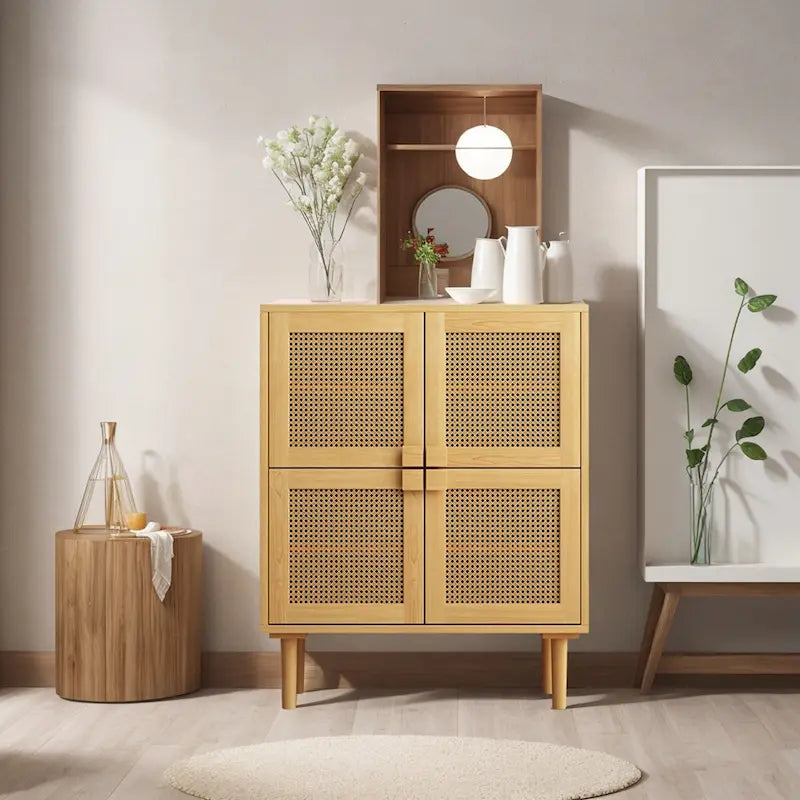 4-Door Rattan Mesh Storage Cabinet with Eight Shelves