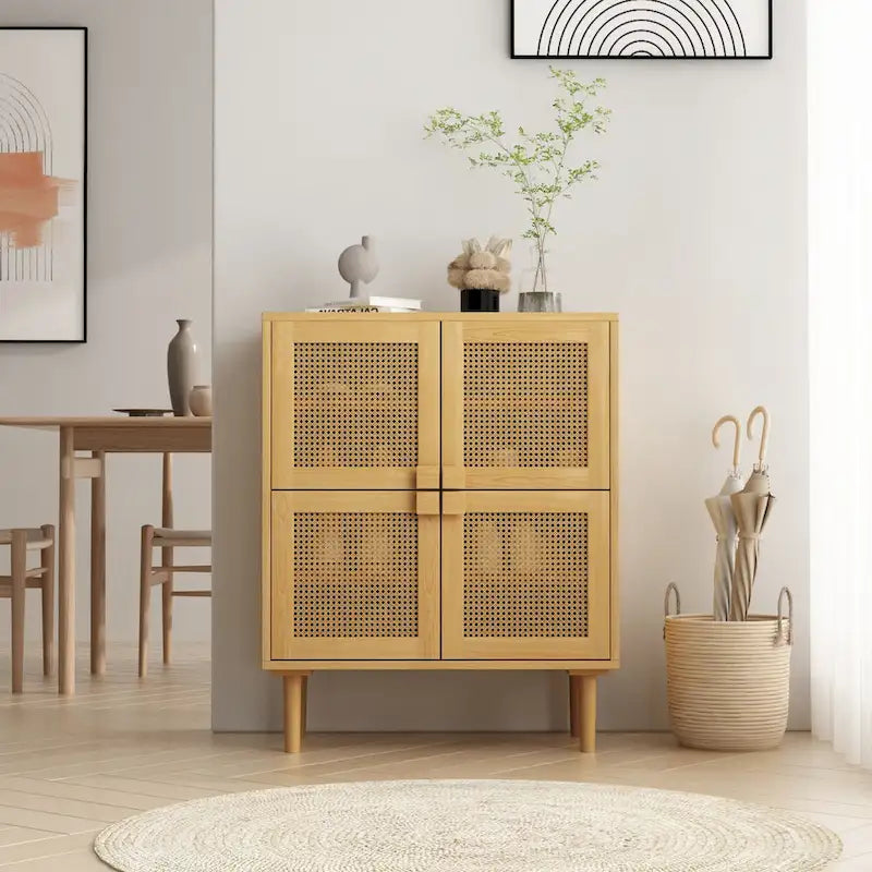 4-Door Rattan Mesh Storage Cabinet with Eight Shelves
