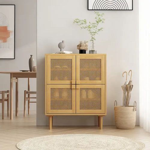 4-Door Rattan Mesh Storage Cabinet with Eight Shelves