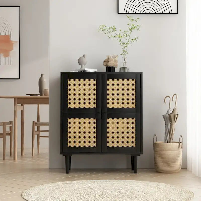 4-Door Rattan Mesh Storage Cabinet with Eight Shelves