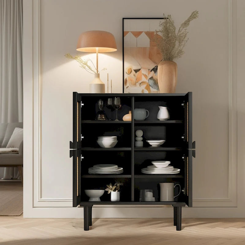 4-Door Rattan Mesh Storage Cabinet with Eight Shelves