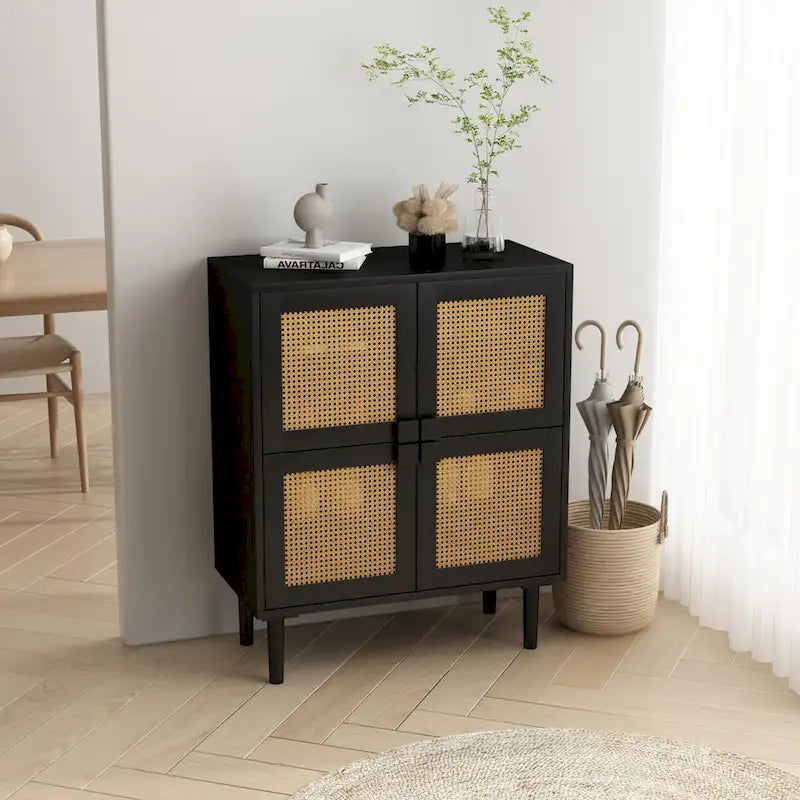 4-Door Rattan Mesh Storage Cabinet with Eight Shelves