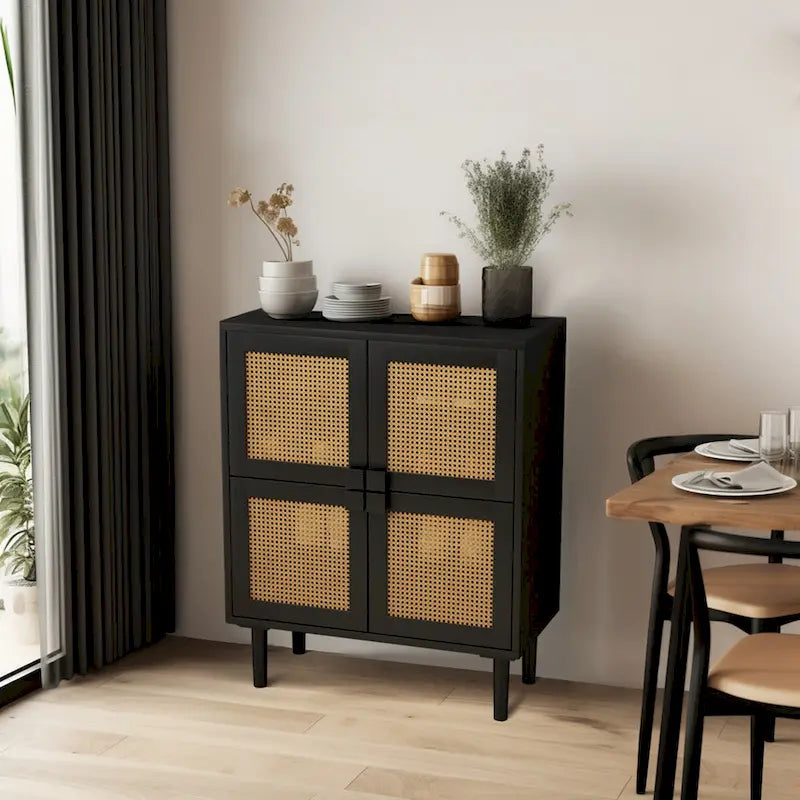 4-Door Rattan Mesh Storage Cabinet with Eight Shelves