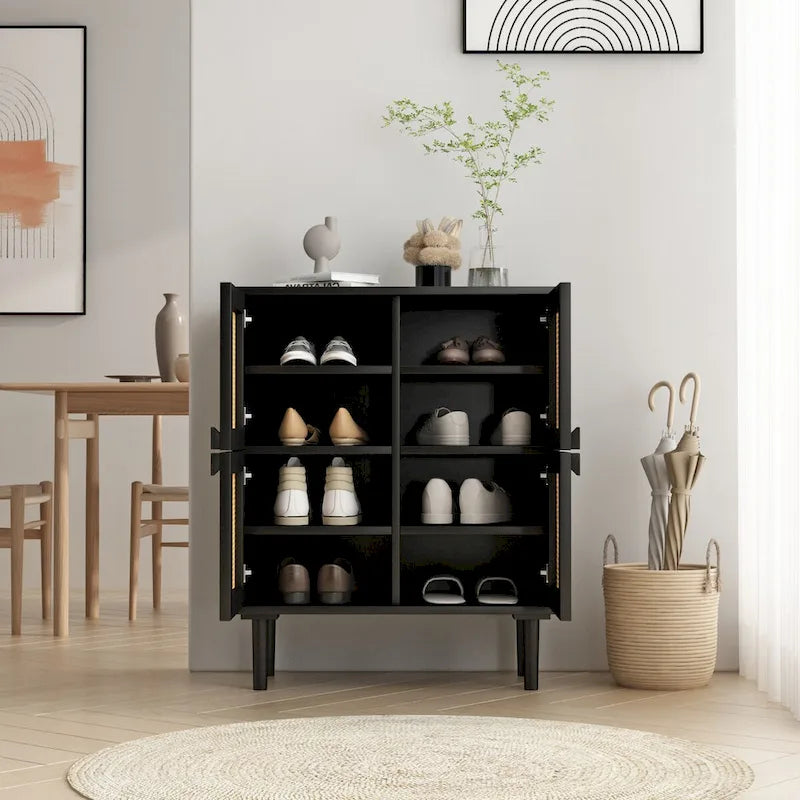 4-Door Rattan Mesh Storage Cabinet with Eight Shelves