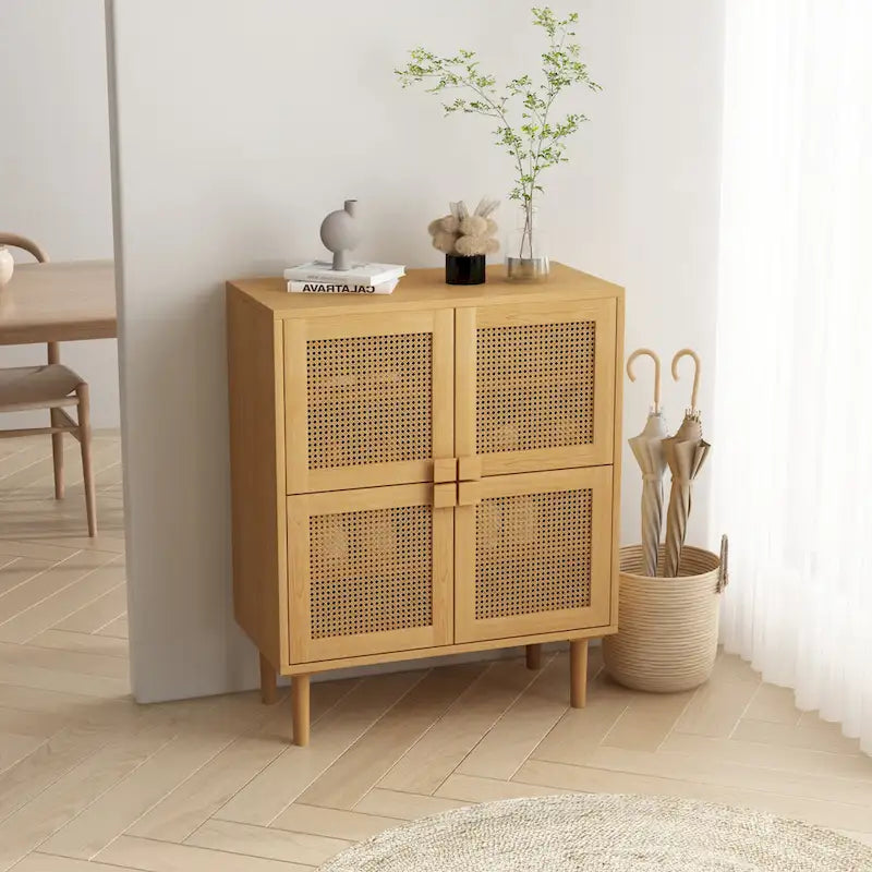 4-Door Rattan Mesh Storage Cabinet with Eight Shelves