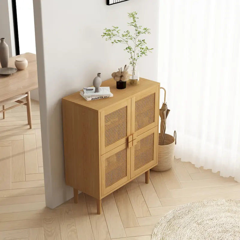 4-Door Rattan Mesh Storage Cabinet with Eight Shelves