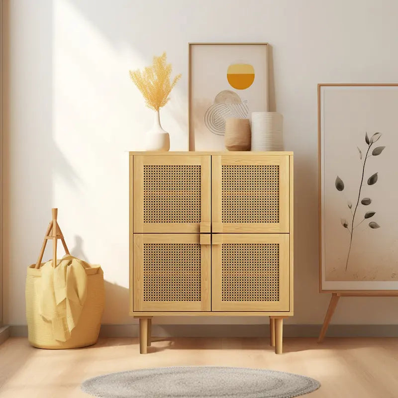 4-Door Rattan Mesh Storage Cabinet with Eight Shelves