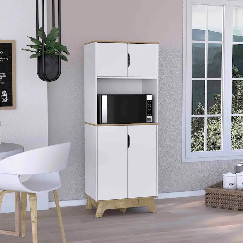 Microwave Tall Cabinet with Counter Surface, Top and Lower Double Door Cabinets - Light Oak / White