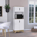 Microwave Tall Cabinet with Counter Surface, Top and Lower Double Door Cabinets - Light Oak / White