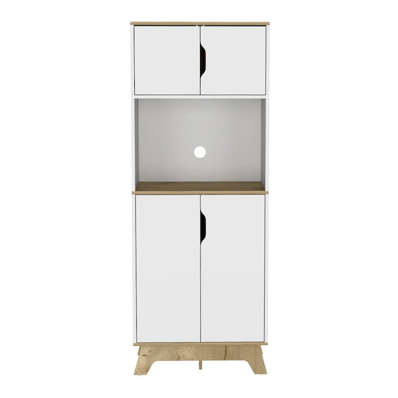 Microwave Tall Cabinet with Counter Surface, Top and Lower Double Door Cabinets - Light Oak / White