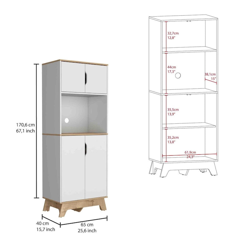 Microwave Tall Cabinet with Counter Surface, Top and Lower Double Door Cabinets - Light Oak / White