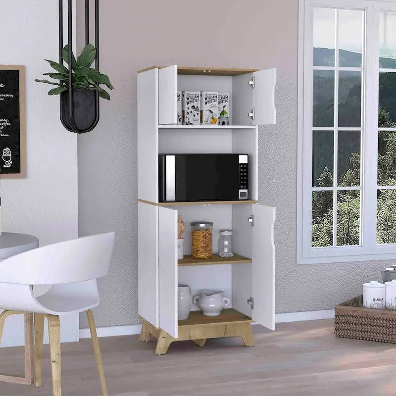 Microwave Tall Cabinet with Counter Surface, Top and Lower Double Door Cabinets - Light Oak / White