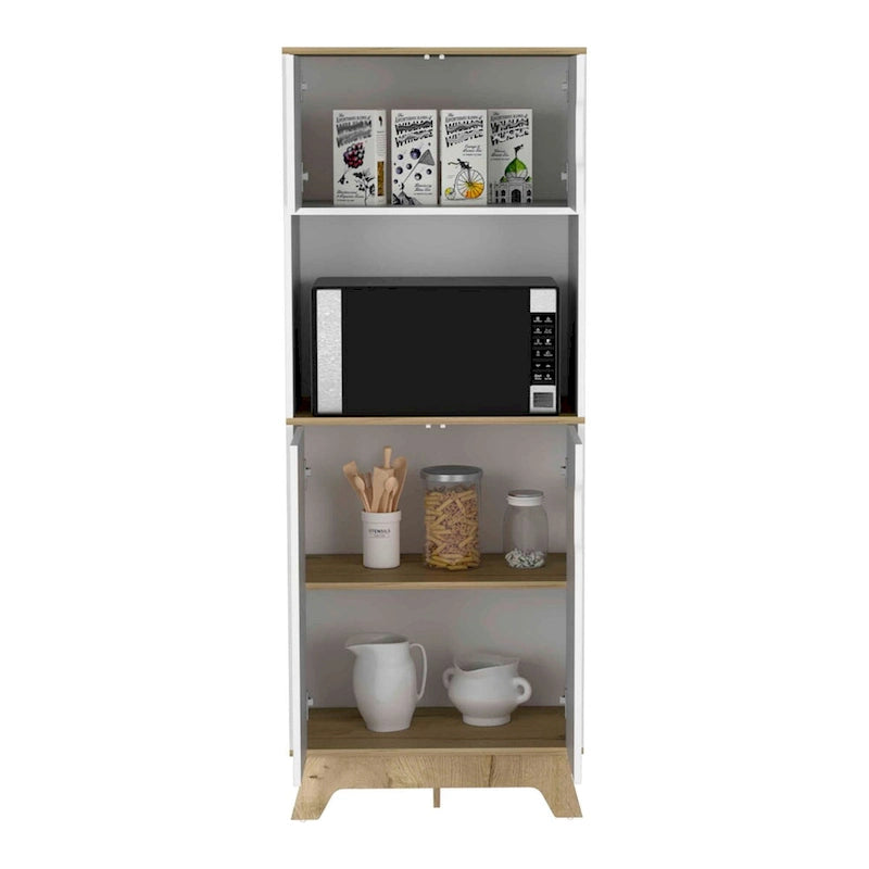 Microwave Tall Cabinet with Counter Surface, Top and Lower Double Door Cabinets - Light Oak / White