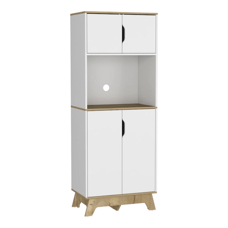 Microwave Tall Cabinet with Counter Surface, Top and Lower Double Door Cabinets - Light Oak / White