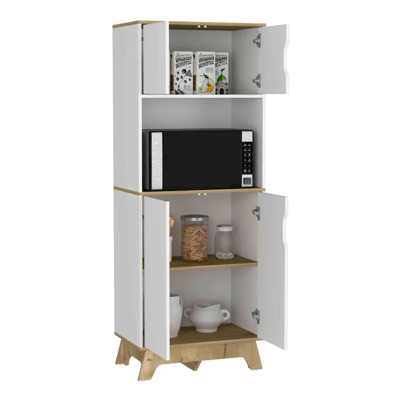 Microwave Tall Cabinet with Counter Surface, Top and Lower Double Door Cabinets - Light Oak / White