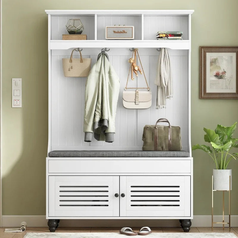 47.2" Entryway Bench with Shutter-Shaped Doors, Coat Rack, Cushion and 4 Hooks