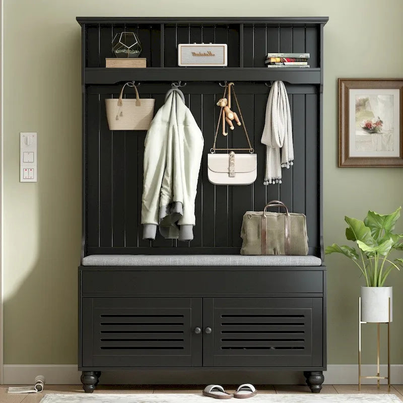 47.2" Entryway Bench with Shutter-Shaped Doors, Coat Rack, Cushion and 4 Hooks
