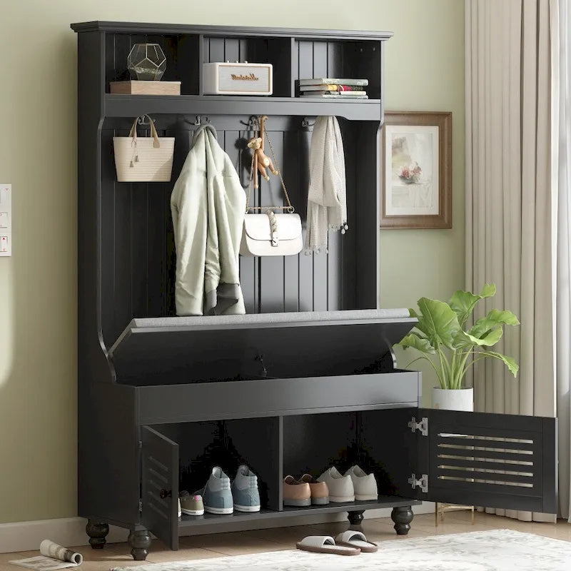 47.2" Entryway Bench with Shutter-Shaped Doors, Coat Rack, Cushion and 4 Hooks