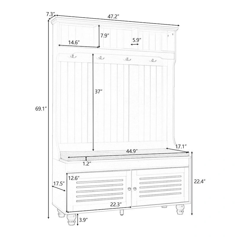 47.2" Entryway Bench with Shutter-Shaped Doors, Coat Rack, Cushion and 4 Hooks