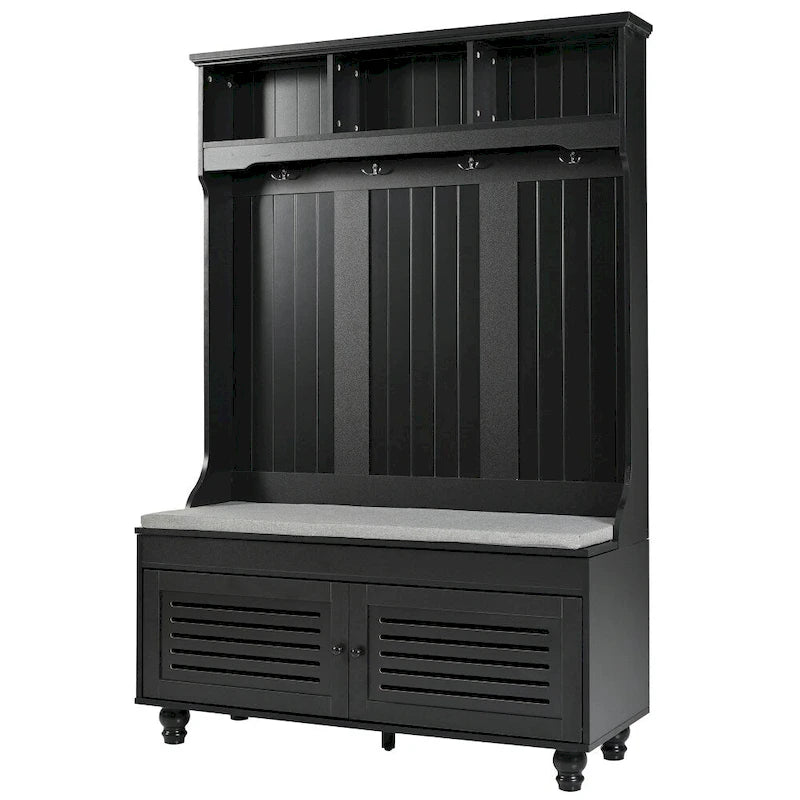 47.2" Entryway Bench with Shutter-Shaped Doors, Coat Rack, Cushion and 4 Hooks