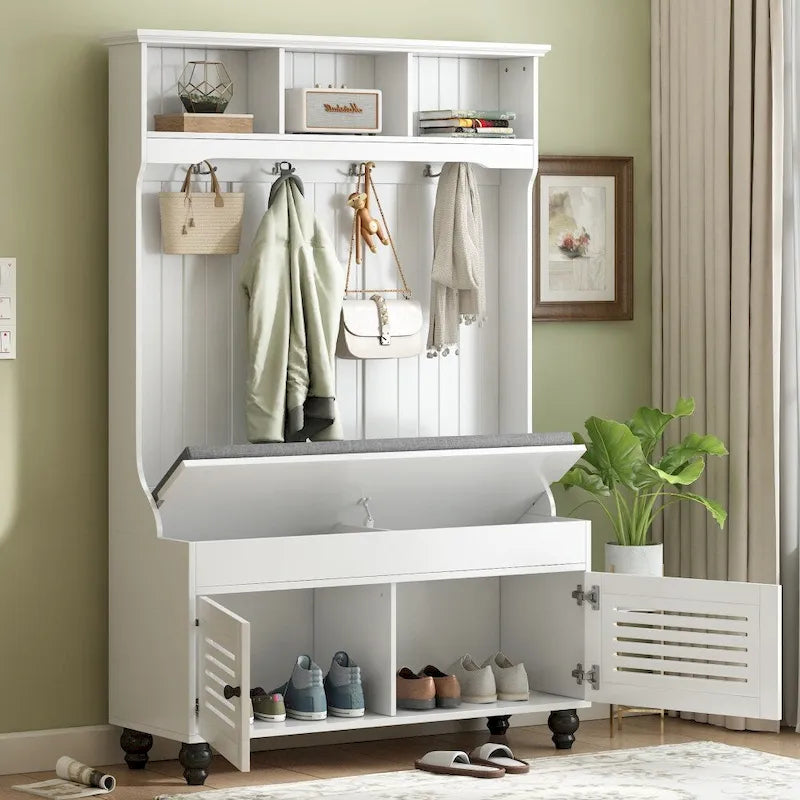 47.2" Entryway Bench with Shutter-Shaped Doors, Coat Rack, Cushion and 4 Hooks