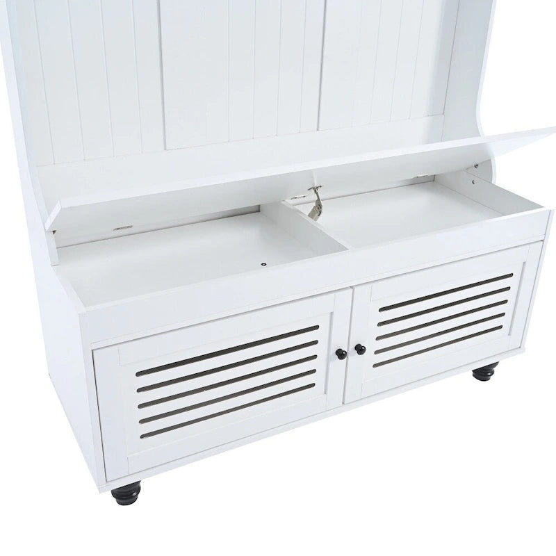 47.2" Entryway Bench with Shutter-Shaped Doors, Coat Rack, Cushion and 4 Hooks