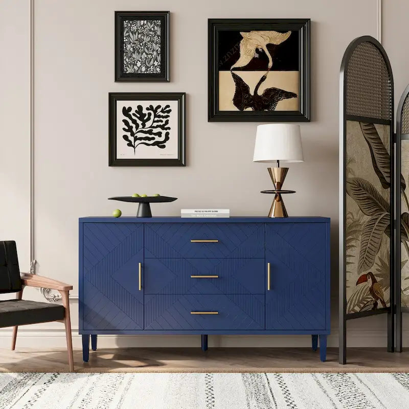 2-Door 3-Drawer Cabinet with Carved Effect, Navy Blue