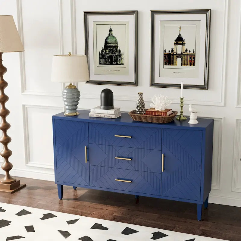 2-Door 3-Drawer Cabinet with Carved Effect, Navy Blue