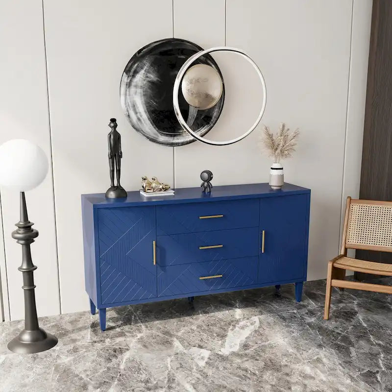 2-Door 3-Drawer Cabinet with Carved Effect, Navy Blue