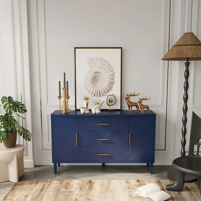 2-Door 3-Drawer Cabinet with Carved Effect, Navy Blue