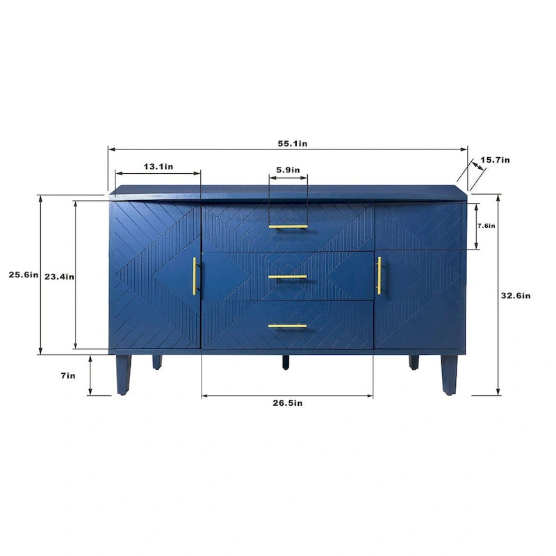 2-Door 3-Drawer Cabinet with Carved Effect, Navy Blue
