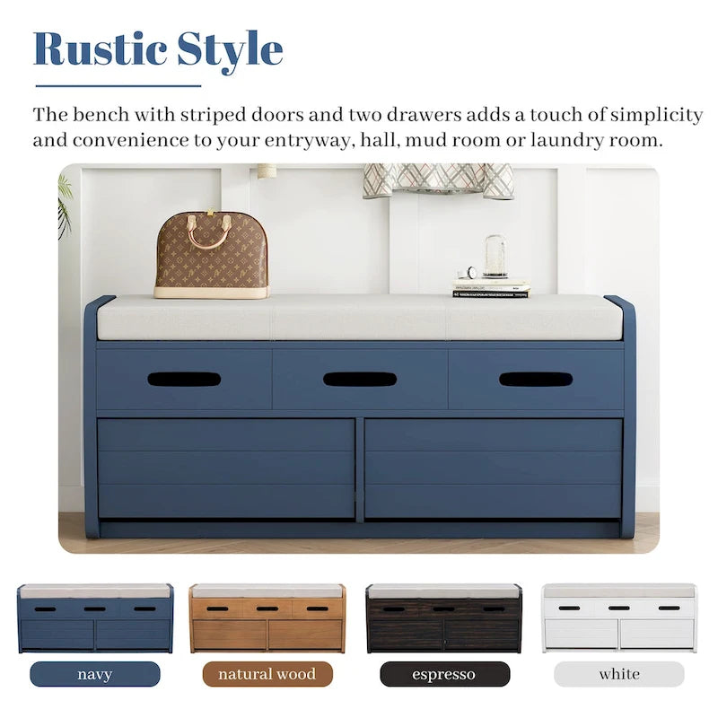 Rustic Storage Bench with 2 Drawers & Hidden Storage