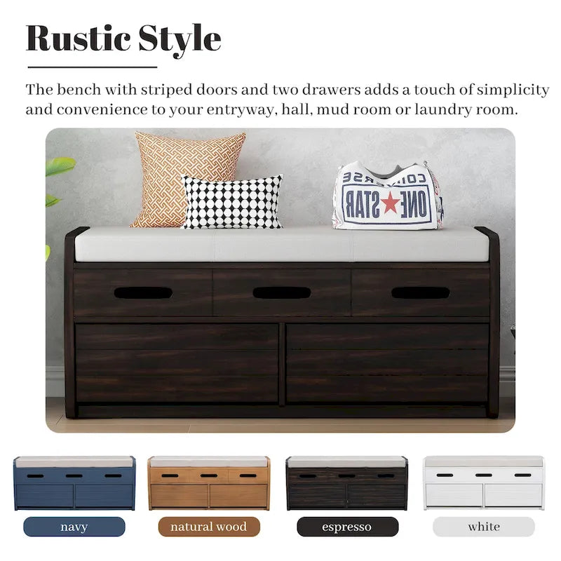 Rustic Storage Bench with 2 Drawers & Hidden Storage