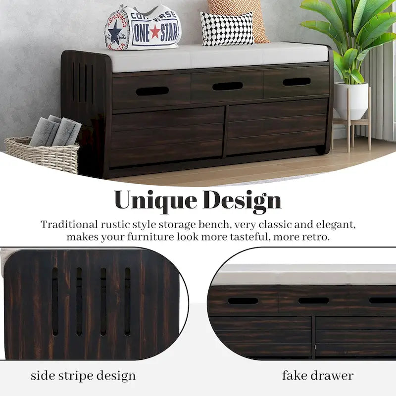 Rustic Storage Bench with 2 Drawers & Hidden Storage