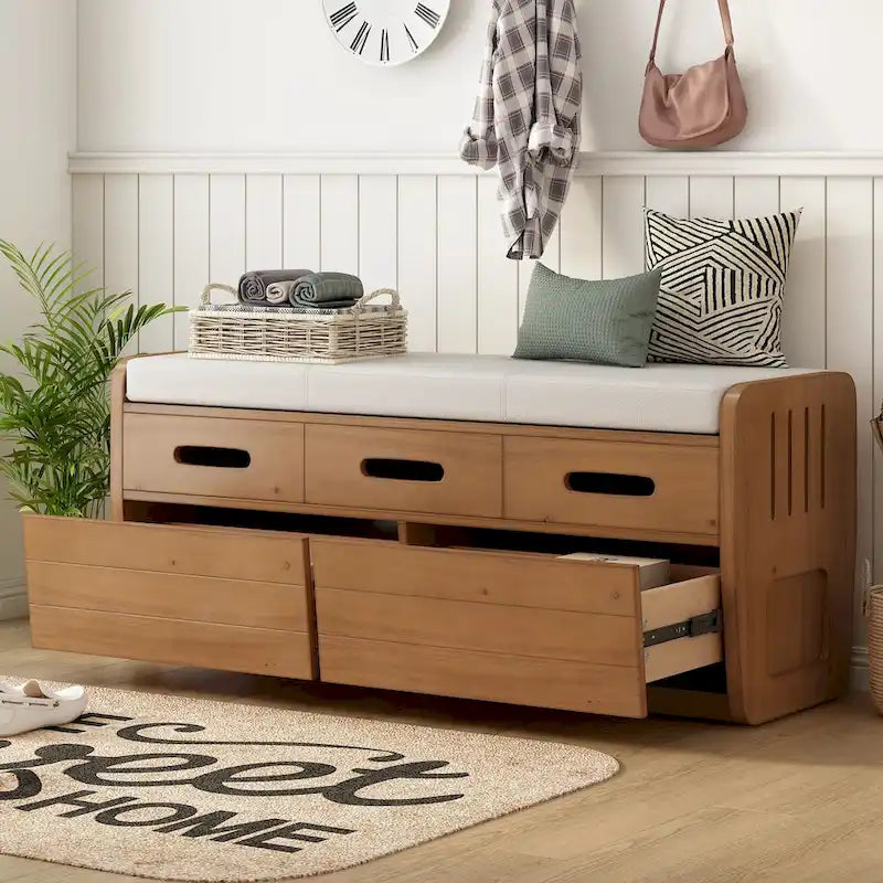 Rustic Storage Bench with 2 Drawers & Hidden Storage