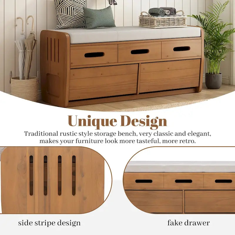 Rustic Storage Bench with 2 Drawers & Hidden Storage