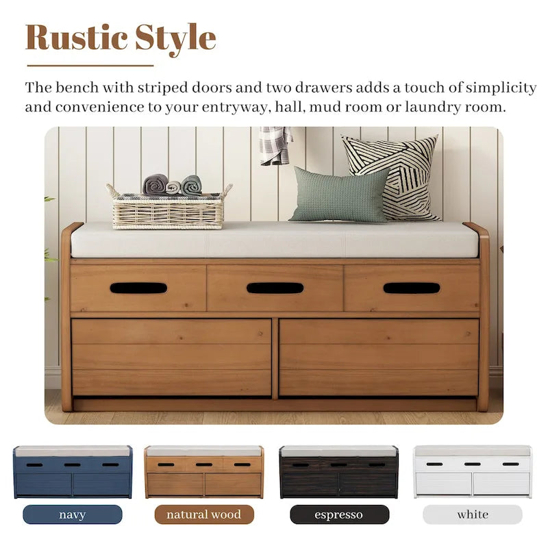 Rustic Storage Bench with 2 Drawers & Hidden Storage