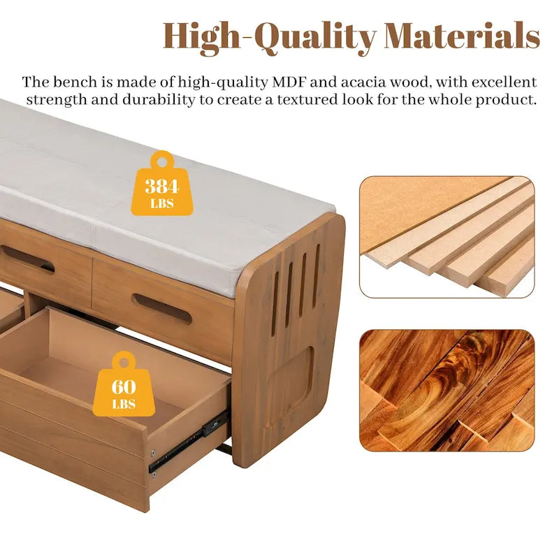 Rustic Storage Bench with 2 Drawers & Hidden Storage