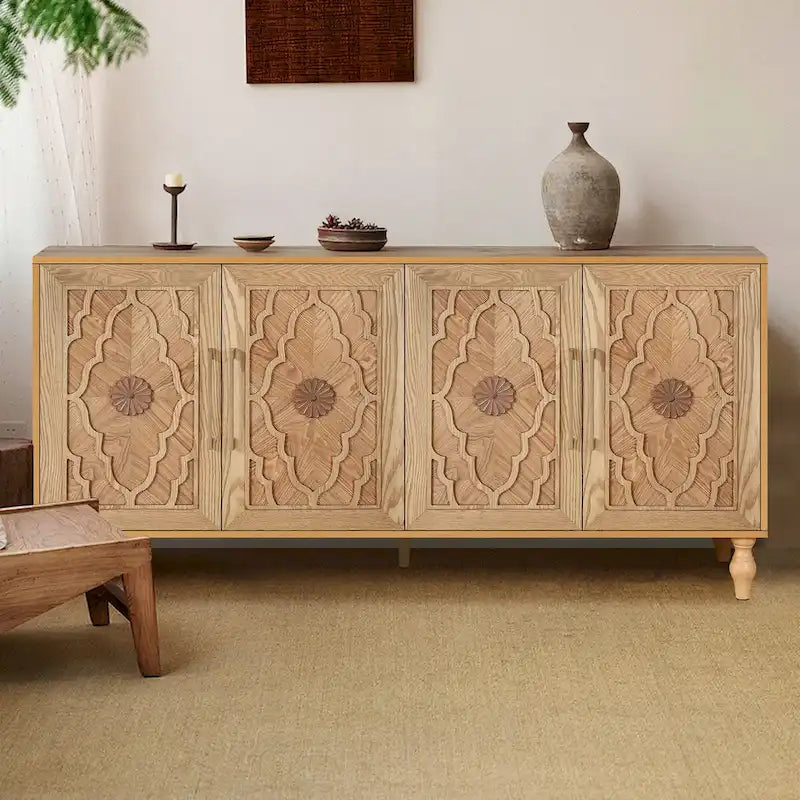Vintage Carved Flower Door Cabinet With Adjustable Shelves