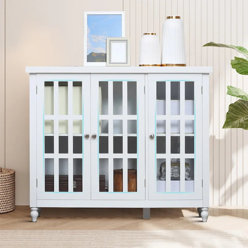 Minimalist Wooden Sideboard with Three Glass Cabinet Doors