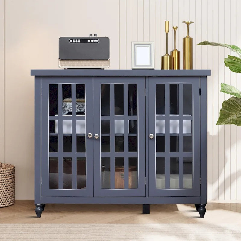 Minimalist Wooden Sideboard with Three Glass Cabinet Doors