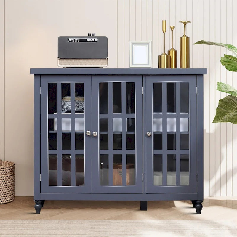 Minimalist Wooden Sideboard with Three Glass Cabinet Doors