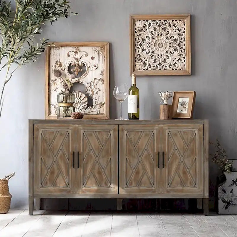 4 Door Wooden Twill Sideboard American Country Vintage Old Living Room Dining Room Hallway Entryway Cabinet