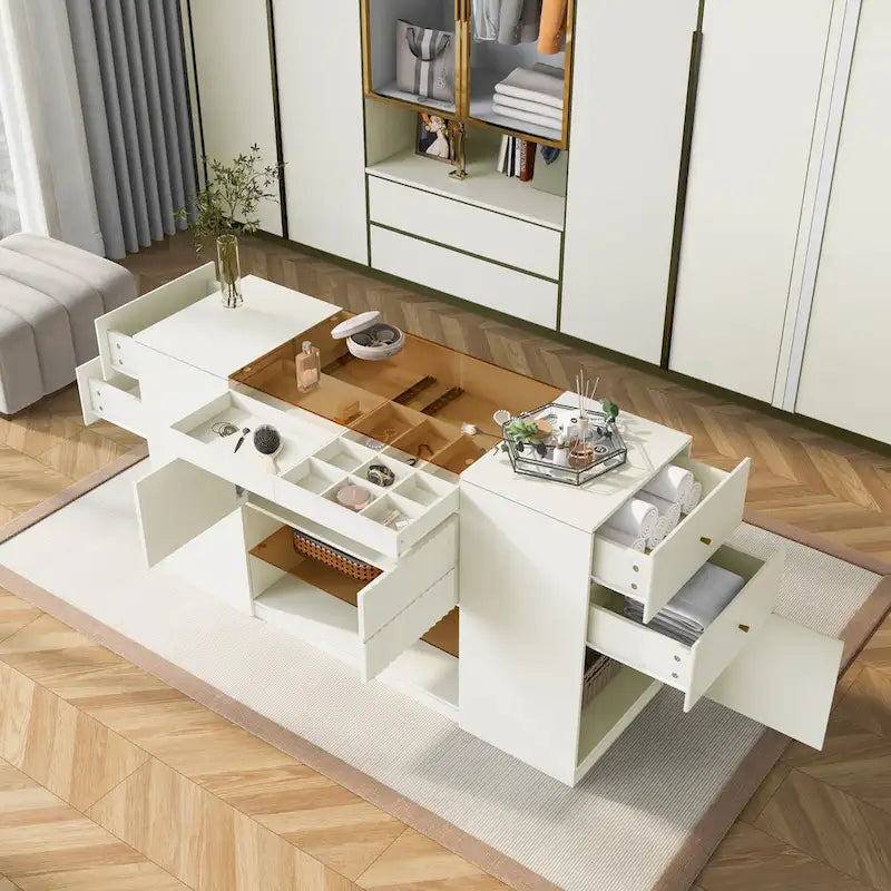 Island Vanity Dresser and Storage Cabinet with Glass Tabletop, Display Shelf & 6 Drawers