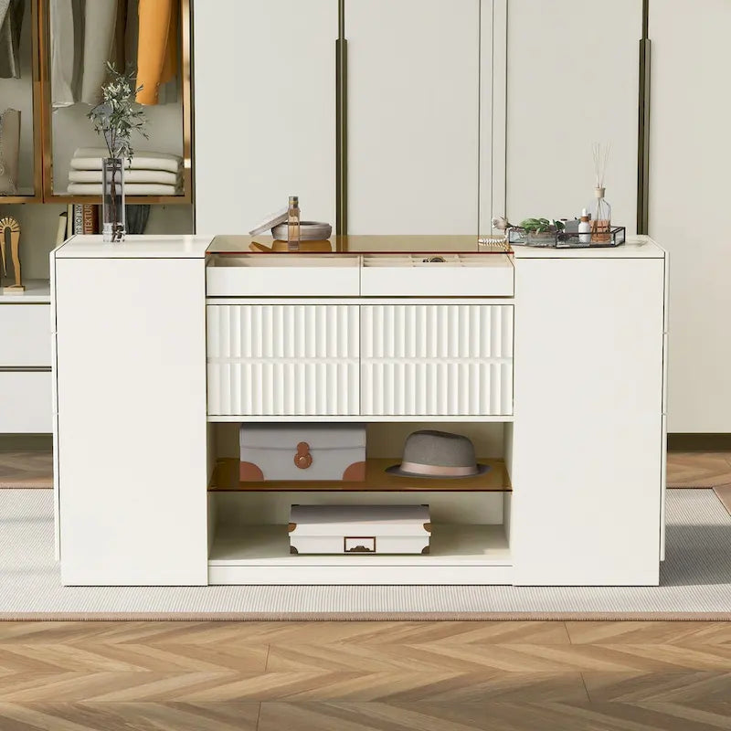 Island Vanity Dresser and Storage Cabinet with Glass Tabletop, Display Shelf & 6 Drawers