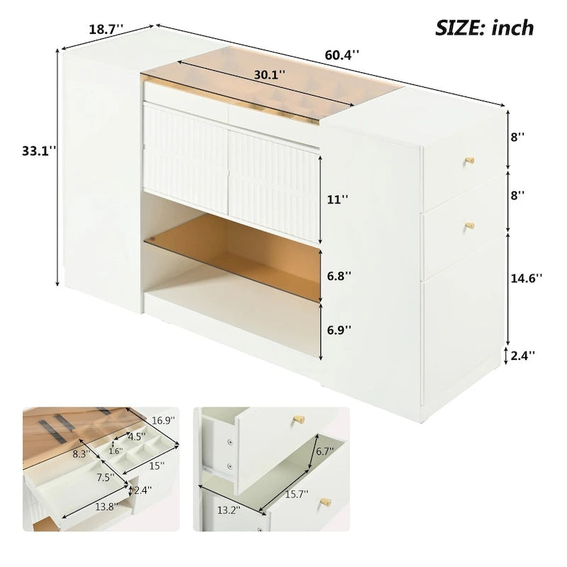 Island Vanity Dresser and Storage Cabinet with Glass Tabletop, Display Shelf & 6 Drawers