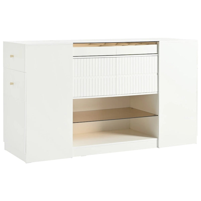 Island Vanity Dresser and Storage Cabinet with Glass Tabletop, Display Shelf & 6 Drawers